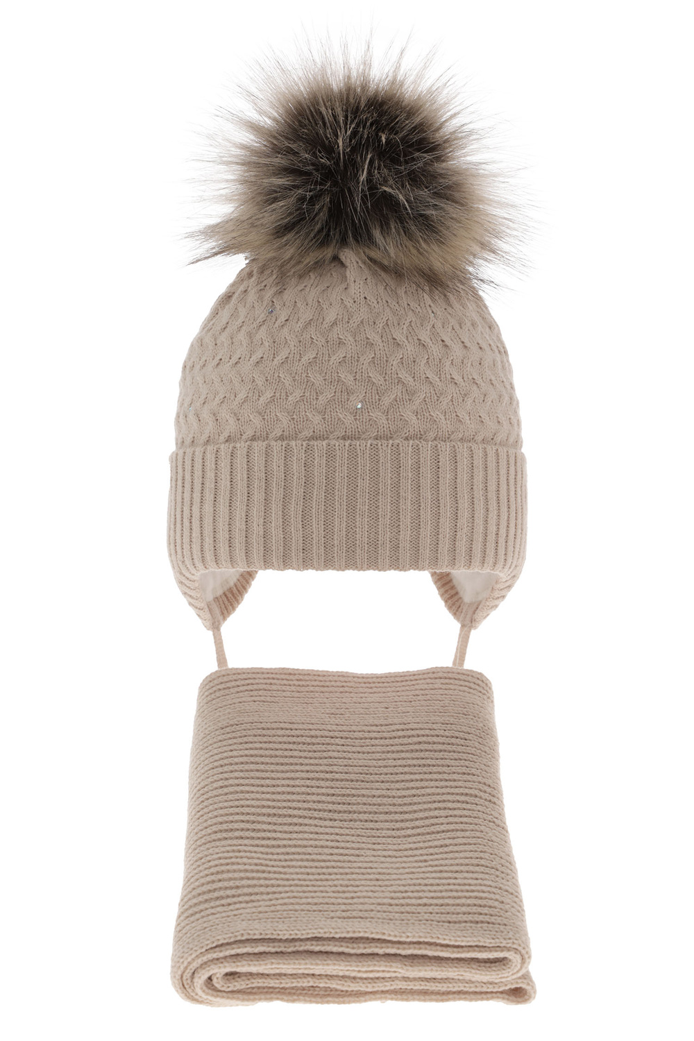 Winterset für Mädchen: Mütze und Schal mit Bommel in Beige Zelta