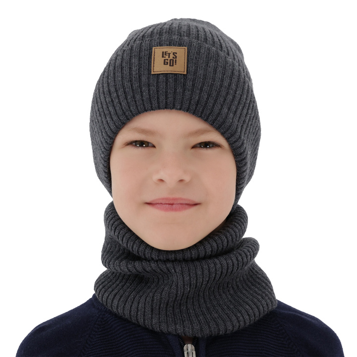 Herbst und Frühlingsset Jungen: Mütze und Schlauchschal 100% Merinowolle Grau Vanto