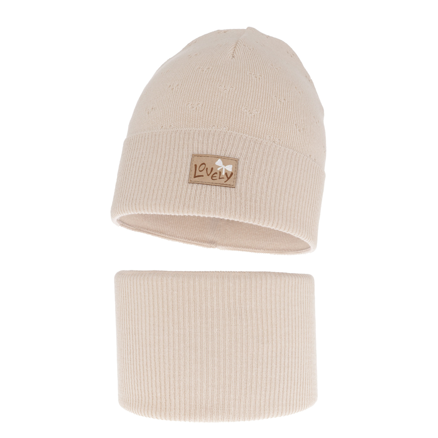 Herbst und Frühlingsset Mädchen: Mütze und Schlauchschal, mit Baumwolle, Beige Alisa