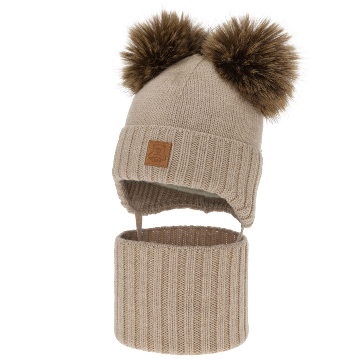 Jungen Mütze und Schal, Winter Set, beige, 100% Merinowolle, gefüttert mit Wollfleece, Ronik
