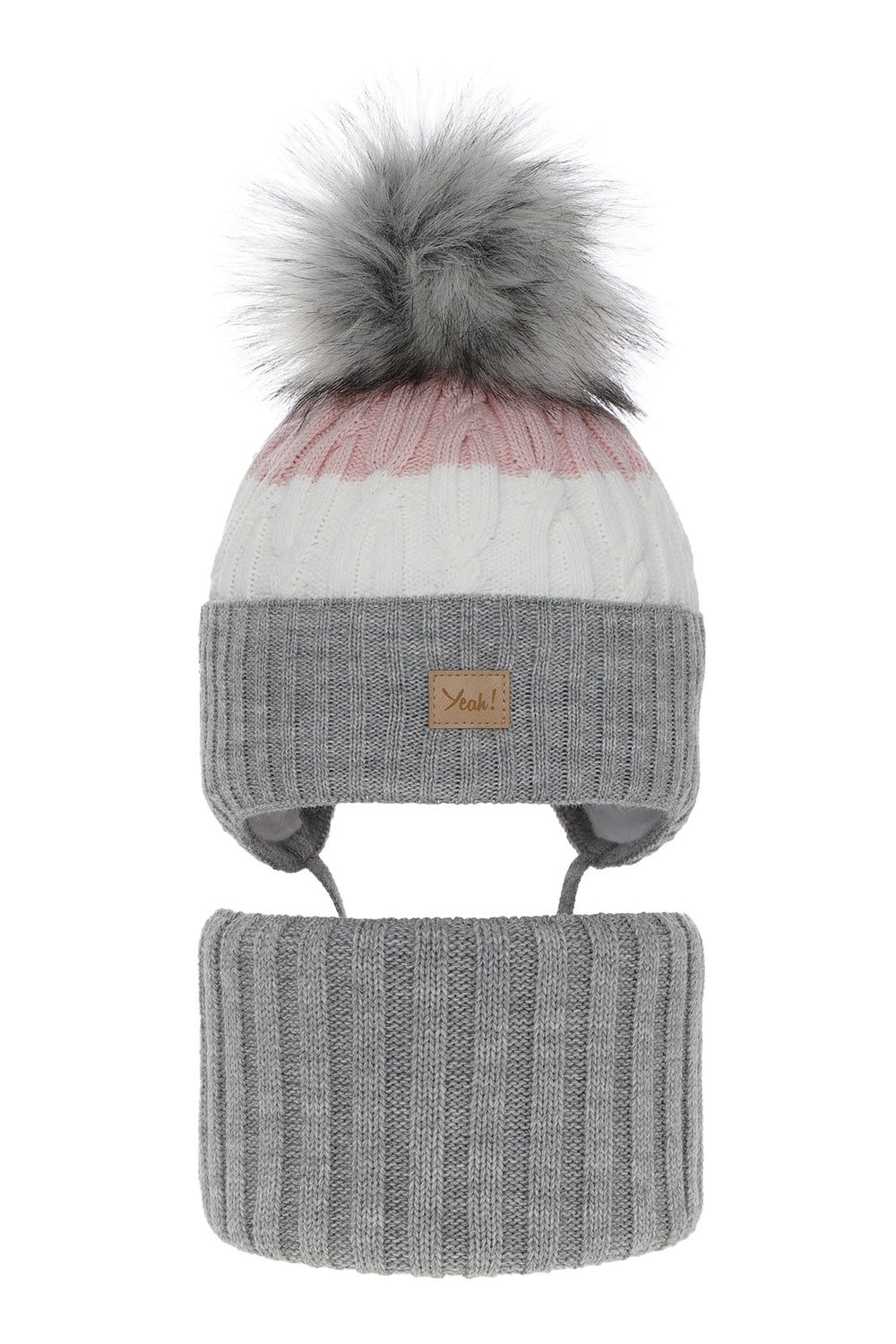 Winterset Mädchen: Mütze und Schlauchschal mit Bommel Grau Riviera