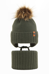 Winterset Jungen: Mütze und Schlauchschal mit Bommel khaki Dominik