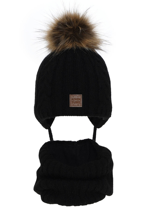 Winterset Jungen: Mütze und Schlauchschal mit Bommel Schwarz Casper