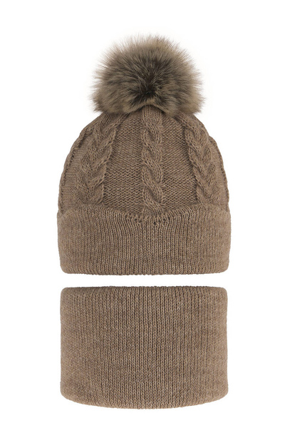 Winterset Mädchen: Mütze und Schlauchschal mit Bommel Beige Etula