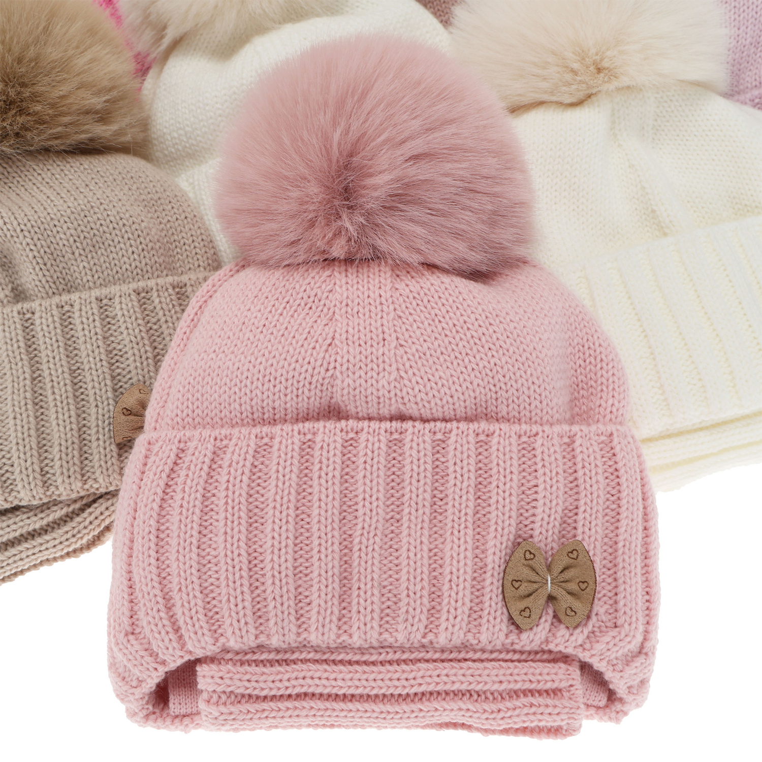 Winterset für Mädchen: Mütze und Schlauchschal mit Bommel in Beige Talena