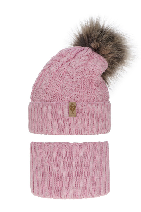Winterset Mädchen: Mütze und Schlauchschal mit Bommel Rosa Yoshi