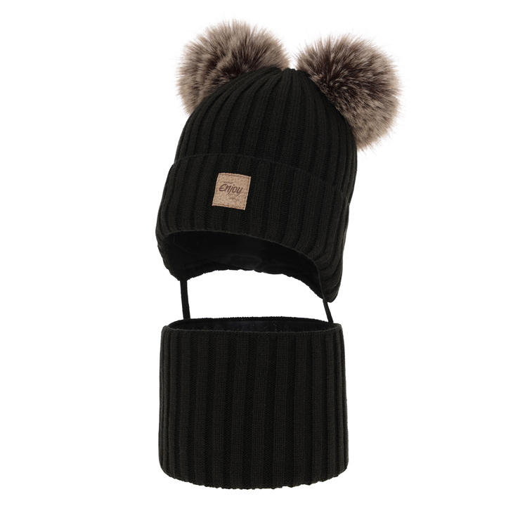 Winterset für Jungen: Mütze und Schlauchschal mit zwei Bommeln Schwarz Orange