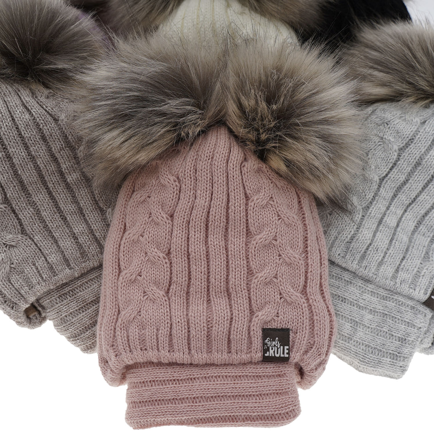 Winterset Mädchen: Mütze und Schlauchschal mit zwei Bommeln Beige Marlen