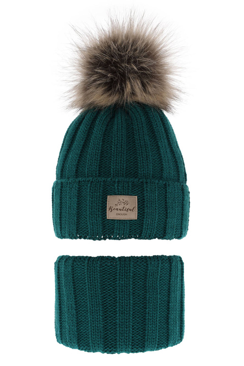 Winterset Mädchen: Mütze und Schlauchschal mit Bommel Grün Kaliope