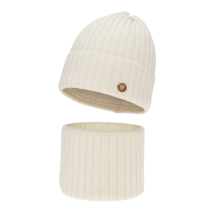 Winterset Mädchen: Mütze und Schlauchschal, cremeweiß, 100% Merinowolle, Baumwollfutter, Vanira