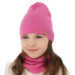 Herbst und Frühlingsset Mädchen: Mütze und Schlauchschal 100% extrafeine Merinowolle Rosa Ricona
