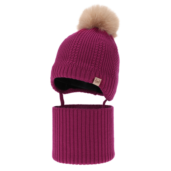 Mütze und Schlauchschal für Mädchen Winterset, amarantfarben, 100% Merinowolle, mit Wollvlies gefüttert, zum Binden Danielle