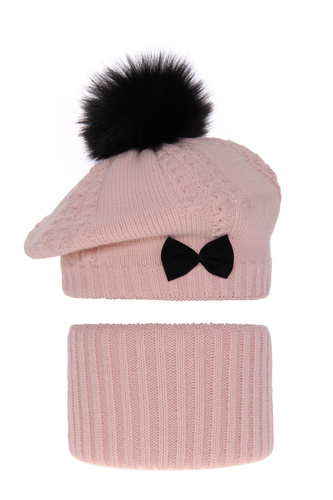 Winterset Mädchen: Mütze und Schlauchschal mit Bommel Rosa Amora