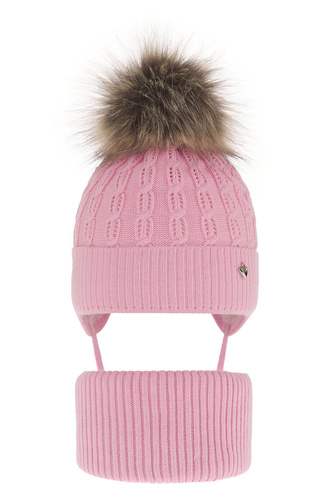 Winterset für Mädchen: Mütze und Schlauchschal mit Bommel in Rosa Tukana 