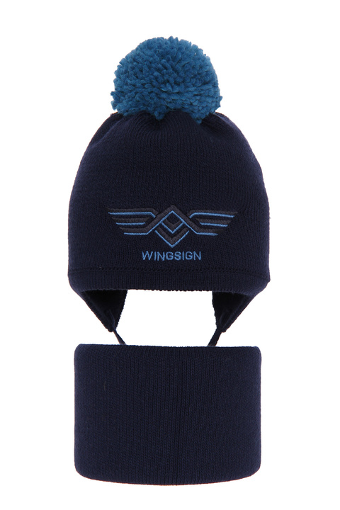 Winterset Jungen: Mütze und Schlauchschal mit Bommel Navy Blau Wings