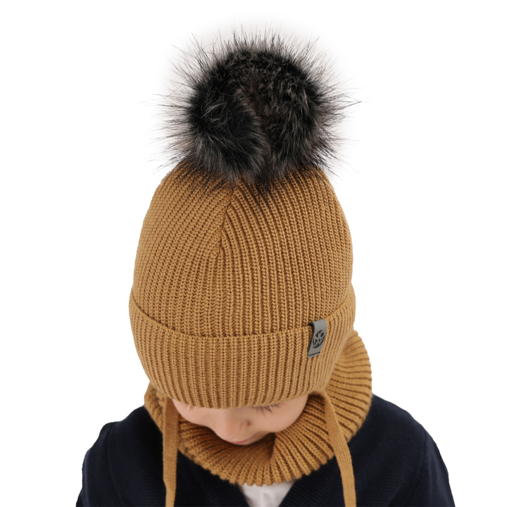 Winterset für Jungen: Mütze und Schlauchschal mit Bommel in Camel Honed
