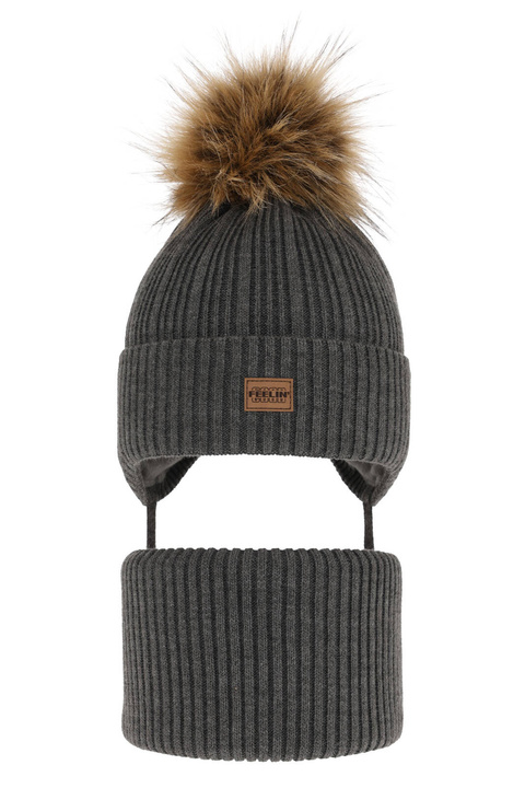 Winterset für Jungen: Mütze und Schlauchschal mit Bommel in Grau Eger