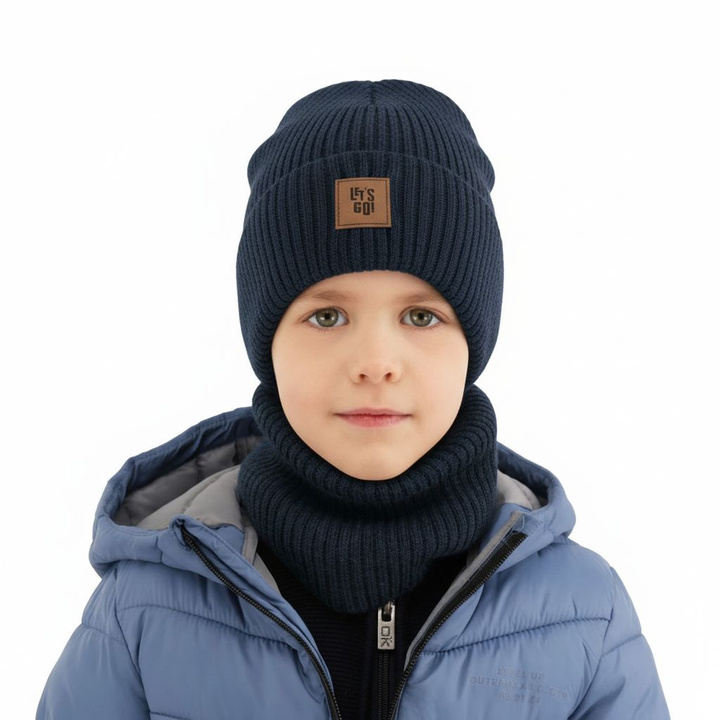 Herbst und Frühlingsset Jungen: Mütze und Schlauchschal 100% Merinowolle Blau Vanto