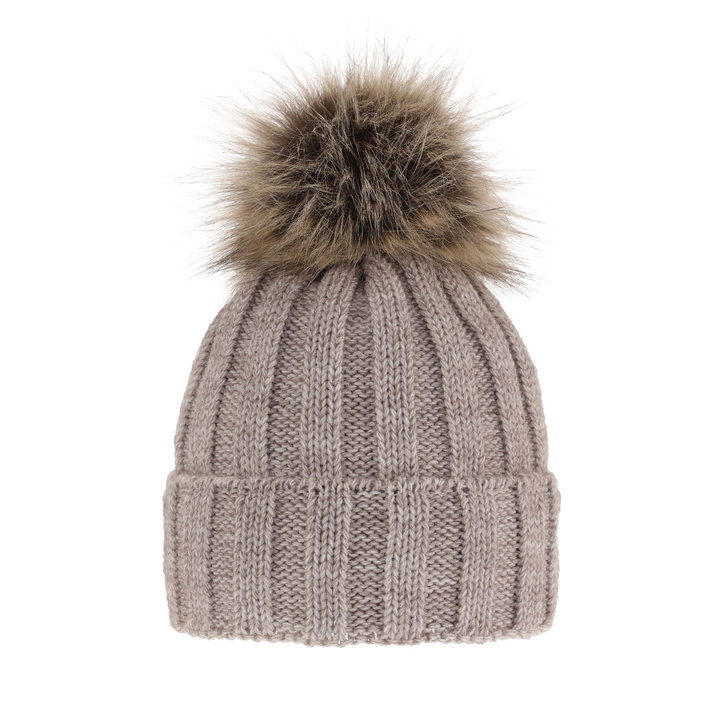 Wintermütze Damen mit Bommel Beige Mokka