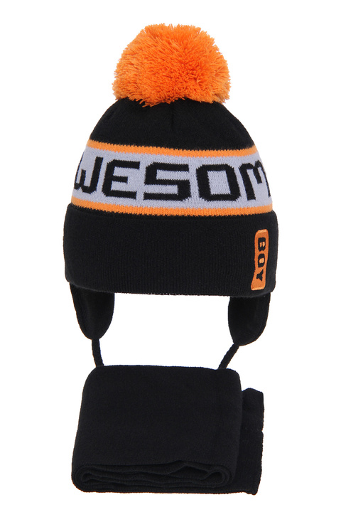 Winterset Jungen: Mütze und Schal mit Bommel Schwarz Odys