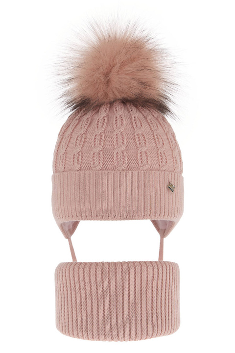 Winterset für Mädchen: Mütze und Schlauchschal mit Bommel in Rosa Tukana
