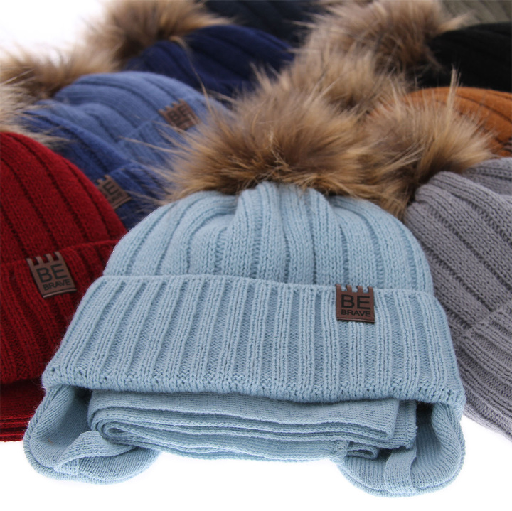 Winterset Jungen: Mütze und Schal mit Bommel Blau Wiko