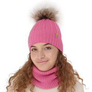 Winterset für Mädchen: Mütze und Schlauchschal aus Merinowolle in Beige Mirabel