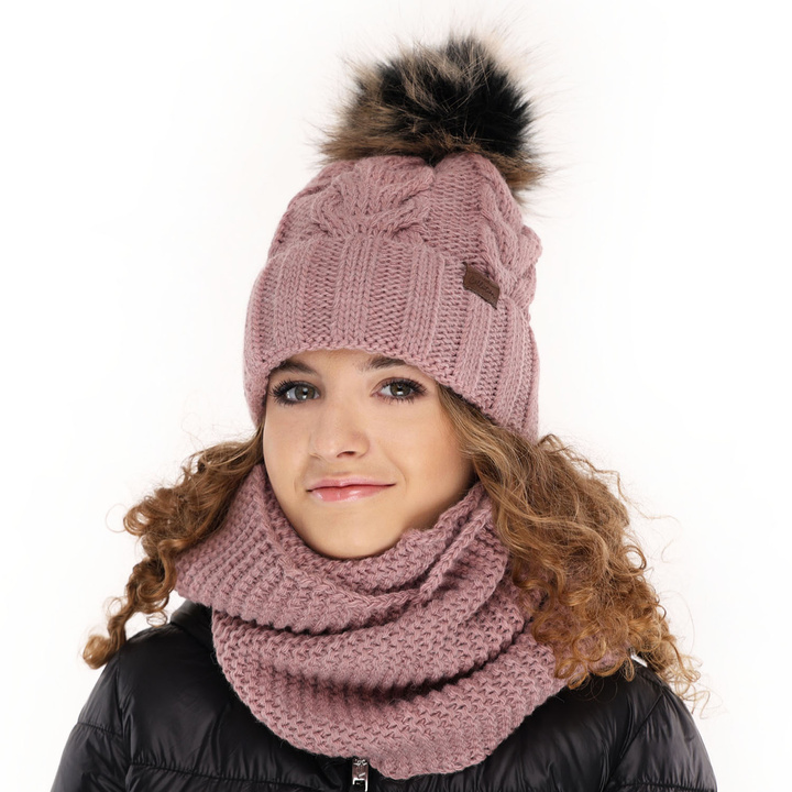 Winterset Mädchen: Mütze und Schlauchschal mit Bommel Rosa Torina