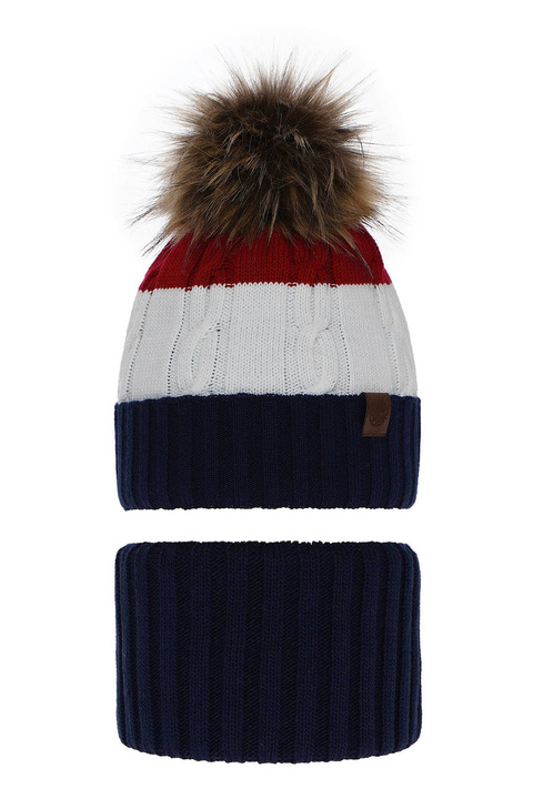 Winterset Jungen: Mütze und Schlauchschal mit Bommel Navy Blau Karmel