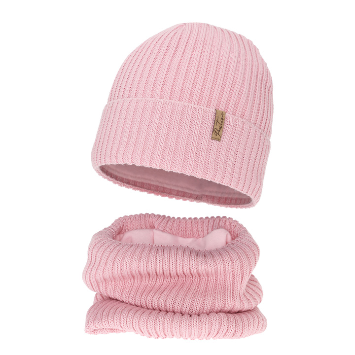 Mütze und mit Fleece gefütterter Schlauchschal für Mädchen Winterset, rosa, mit Merinowolle, Odette