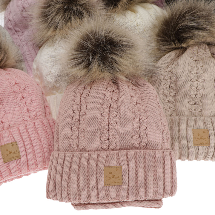 Winterset Mädchen: Mütze und Schlauchschal mit Bommel Beige Alexia