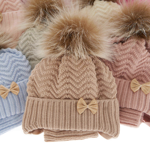 Winterset Mädchen: Mütze und Schlauchschal mit Bommel Weiß Chloe