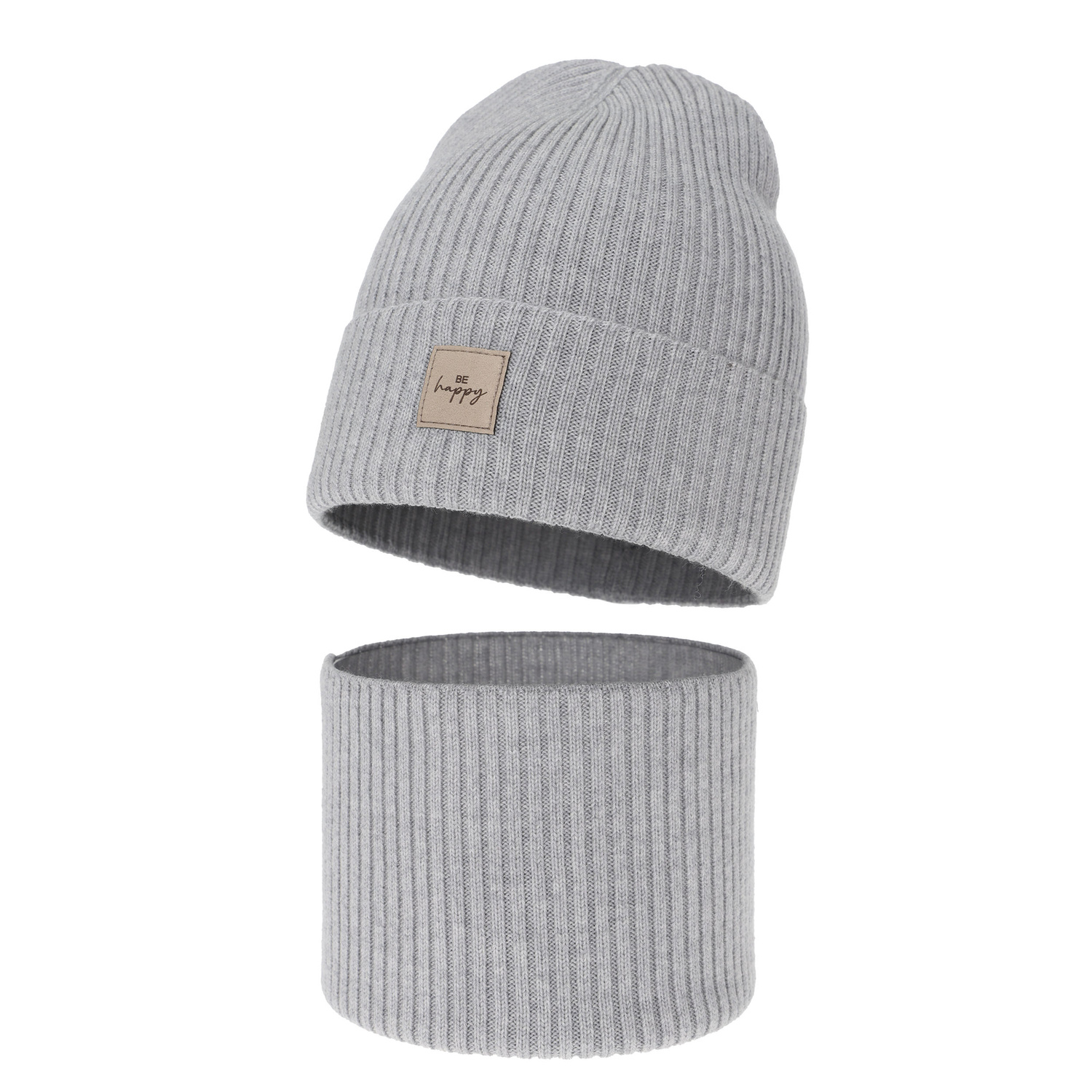 Herbst und Frühlingsset Mädchen: Mütze und Schlauchschal, 100% Merinowolle, Grau, Vanita