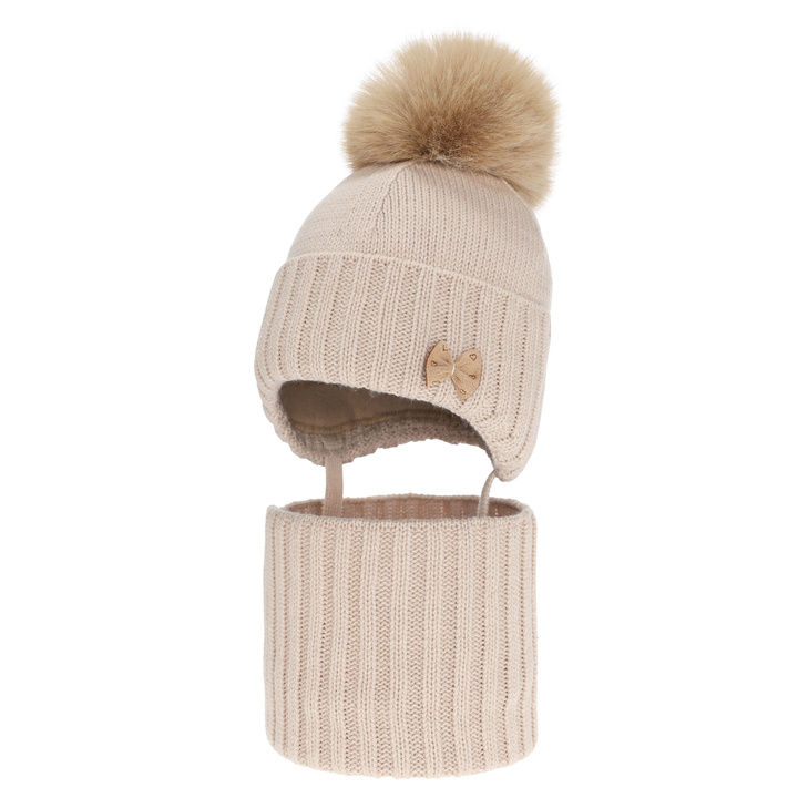 Winterset für Mädchen: Mütze und Schlauchschal mit Bommel in Beige Talena