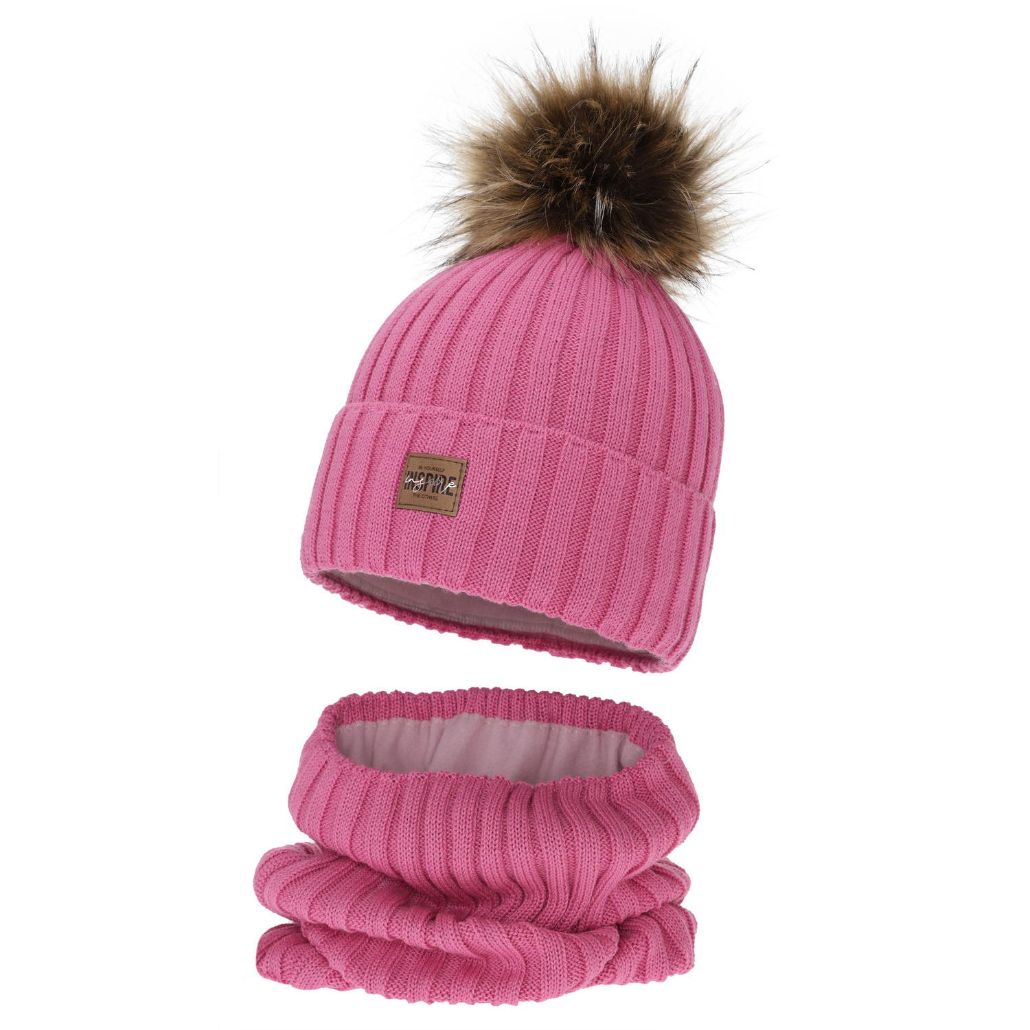 Winterset Mädchen: Mütze und Schlauchschal, rosa, gefüttert mit Fleece, mit Merinowolle, Bellina