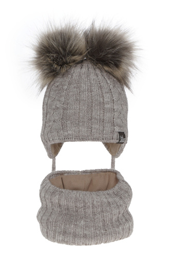 Winterset Mädchen: Mütze und Schlauchschal mit zwei Bommeln Beige Marlen