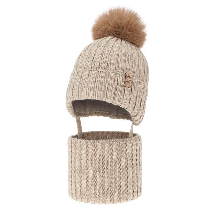 Winterset für Jungen: Mütze und Schlauchschal, mit Bommel, Beige, Bagil