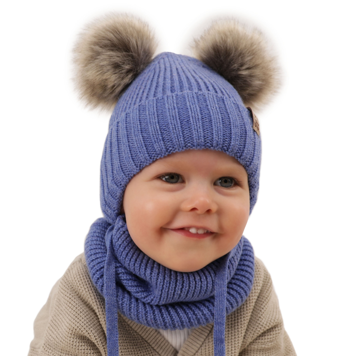 Winterset für Jungen: Mütze und Schlauchschal aus 100% extrafeiner Merinowolle in Beige Konor