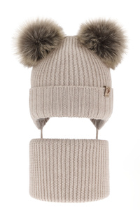 Winterset Mädchen: Mütze und Schlauchschal aus 100% extrafeiner Merinowolle in Beige Silvia