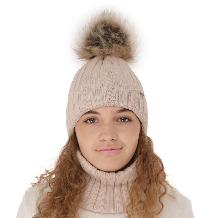 Winterset Mädchen: Mütze und Schlauchschal mit Bommel Beige Wirginia