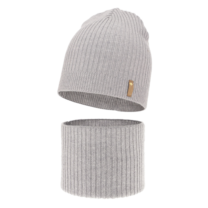 Herbst und Frühlingsset Mädchen: Mütze und Schlauchschal 100% extrafeine Merinowolle Grau Chelsie