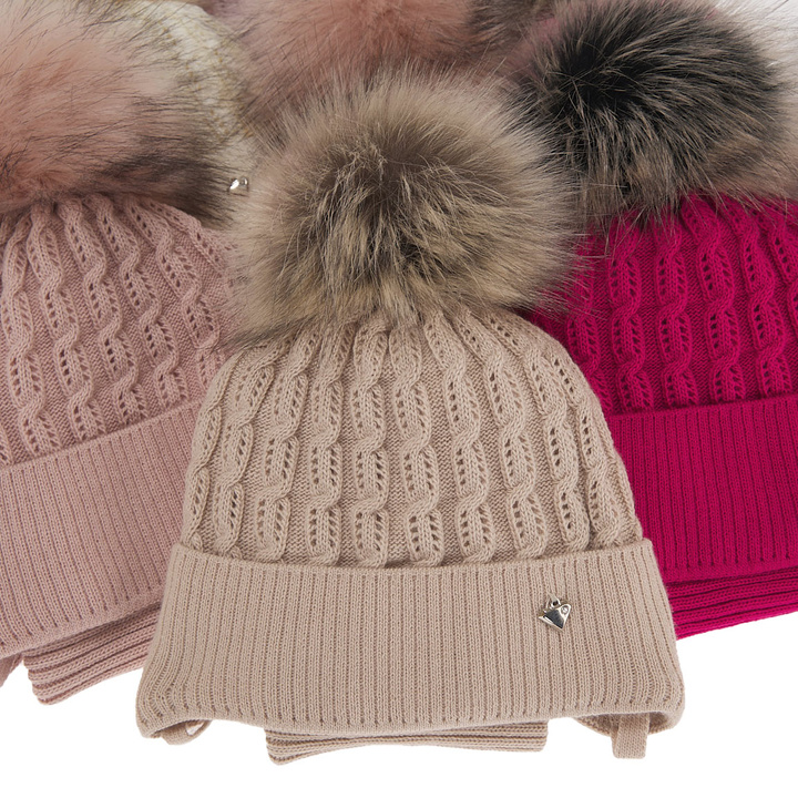 Winterset für Mädchen: Mütze und Schlauchschal mit Bommel in Beige Tukana 