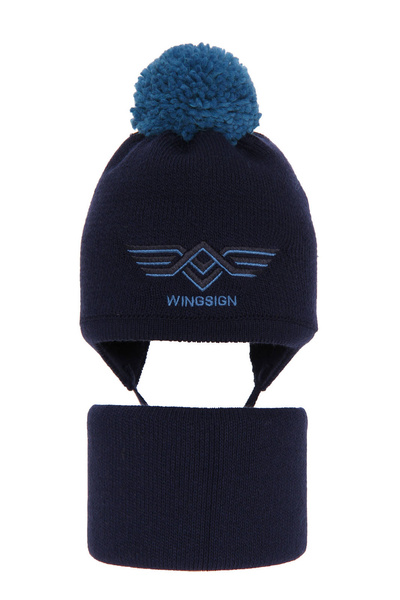Winterset Jungen: Mütze und Schlauchschal mit Bommel Navy Blau Wings