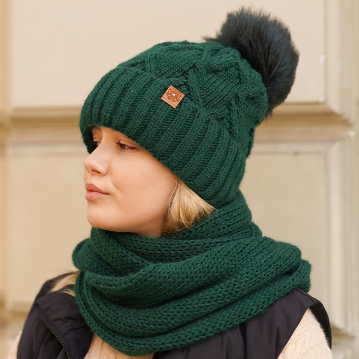 Winterset Damen: Mütze und Schlauchschal mit Bommel Beige Kreacja