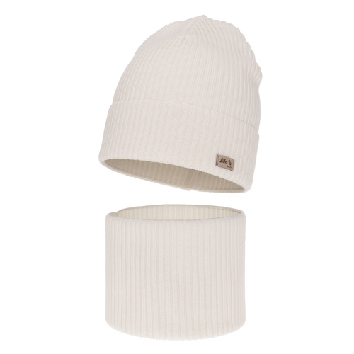 Herbst und Frühlingsset Mädchen: Mütze und Schlauchschal 100% extrafeine Merinowolle Weiß Itra