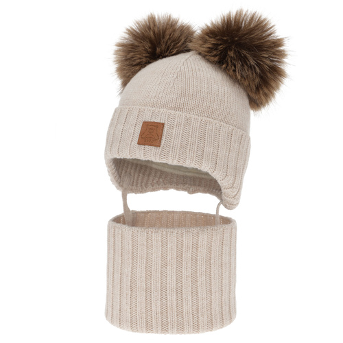 Jungen Mütze und Schal, Winter Set, hellbeige, 100% Merinowolle, gefüttert mit Wollfleece, Ronik