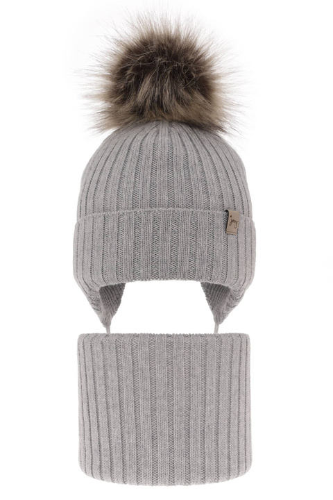 Winterset Mädchen: Mütze und Schlauchschal aus 100% extrafeiner Merinowolle in Grau Junika