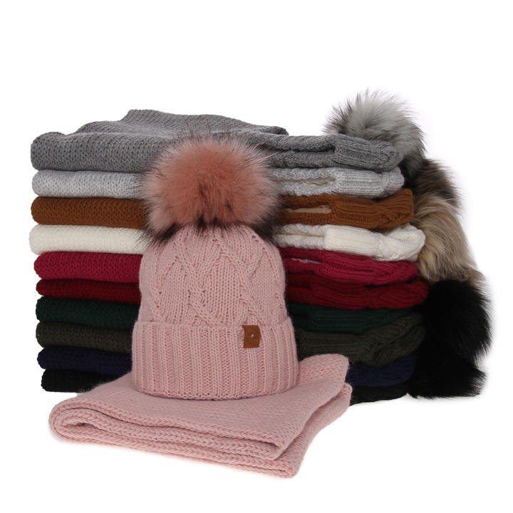 Winterset Damen: Mütze und Schlauchschal mit Bommel Beige Kreacja
