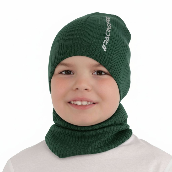 Herbst und Frühlingsset Jungen: Mütze und Schlauchschal, mit Baumwolle, Grün Kolorado