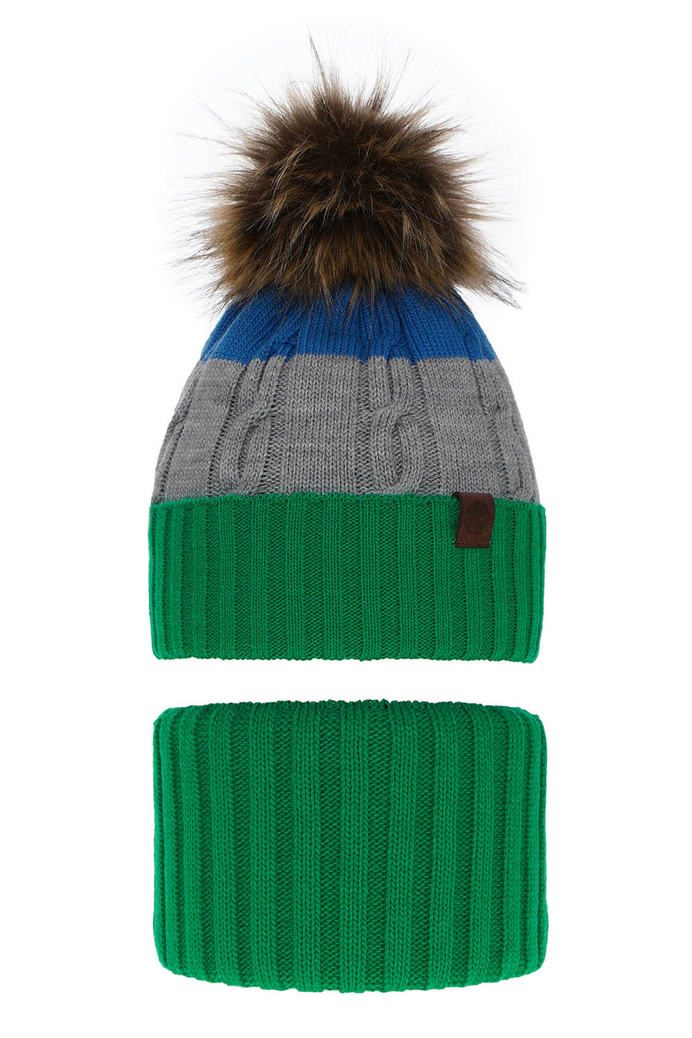 Winterset Jungen: Mütze und Schlauchschal mit Bommel Grün Karmel